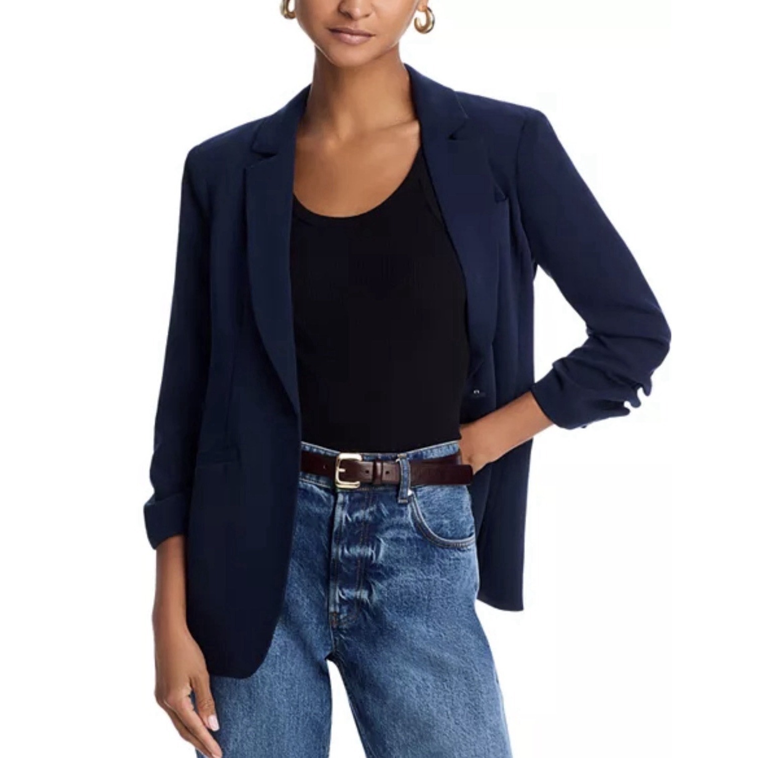 Cinq Sept Crepe Khloe Blazer Women 16 Navy Ruched 3/4 Sleeve Single Button